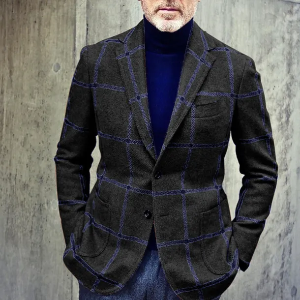 Men's Blazer Jacket Business Evening Party Daily Wear Pocket Fall Winter Polyester Plaid Check Artistic Style Warm Single Breasted Two-button Blazer Black Brown Green