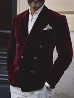 Men's Blazer Jacket Closure collar Vintage Party Velvet Solid Colored Blazer Burgundy Green Standard Fit Double Breasted Four-buttons