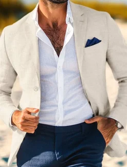 Men's Blazer Jacket Linen Blazer Notch Collar Fashion Casual Solid Colored Blazer Dusty Blue Light Grey Dark Blue Tailored Fit Single Breasted One-button