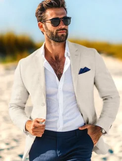 Men's Blazer Jacket Linen Blazer Notch Collar Fashion Casual Solid Colored Blazer Dusty Blue Light Grey Dark Blue Tailored Fit Single Breasted One-button