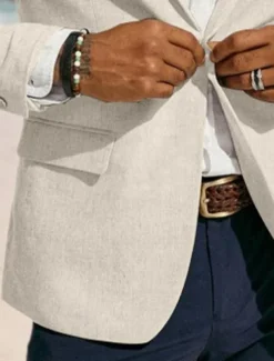 Men's Blazer Jacket Linen Blazer Notch Collar Fashion Casual Solid Colored Blazer Dusty Blue Light Grey Dark Blue Tailored Fit Single Breasted One-button