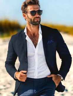 Men's Blazer Jacket Linen Blazer Notch Collar Fashion Casual Solid Colored Blazer Dusty Blue Light Grey Dark Blue Tailored Fit Single Breasted One-button