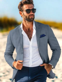 Men's Blazer Jacket Linen Blazer Notch Collar Fashion Casual Solid Colored Blazer Dusty Blue Light Grey Dark Blue Tailored Fit Single Breasted One-button