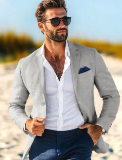 Men's Blazer Jacket Linen Blazer Notch Collar Fashion Casual Solid Colored Blazer Dusty Blue Light Grey Dark Blue Tailored Fit Single Breasted One-button