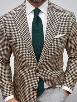 Men's Blazer Jacket Sport Coat Closure collar Outdoor Casual Houndstooth Checkered Black Yellow Light Green Tailored Fit Single Breasted Two-buttons