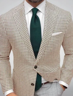 Men's Blazer Jacket Sport Coat Closure collar Outdoor Casual Houndstooth Checkered Black Yellow Light Green Tailored Fit Single Breasted Two-buttons