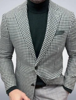 Men's Blazer Jacket Sport Coat Closure collar Outdoor Casual Houndstooth Checkered Black Yellow Light Green Tailored Fit Single Breasted Two-buttons