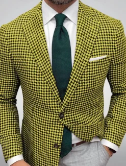 Men's Blazer Jacket Sport Coat Closure collar Outdoor Casual Houndstooth Checkered Black Yellow Light Green Tailored Fit Single Breasted Two-buttons