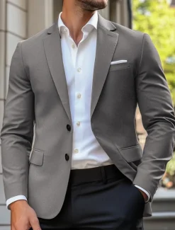 Men's Blazer Jacket Sport Coat Notch Collar Casual Solid Colored Blazer Navy Blue Brown Light Grey Standard Fit Single Breasted Two-buttons