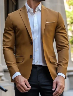 Men's Blazer Jacket Sport Coat Notch Collar Casual Solid Colored Blazer Navy Blue Brown Light Grey Standard Fit Single Breasted Two-buttons