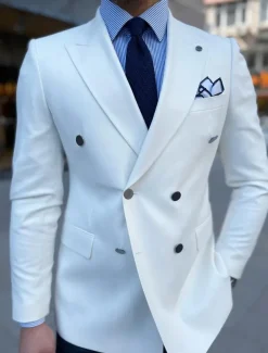 Men's Blazer Jacket Sport Coat Closure collar Casual Office Solid Colored ArmyGreen White Navy Blue Tailored Fit Double Breasted Six-buttons