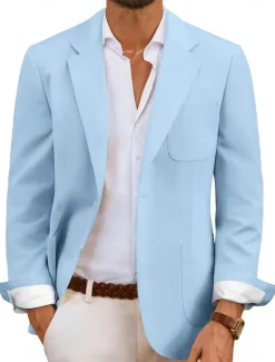 Men's Blazer Jacket Sport Coat Notch Collar Fashion Casual Solid Colored Sky Blue Sage Standard Fit Single Breasted Two-buttons