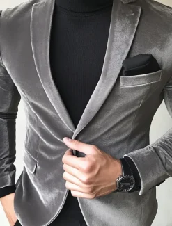 Men's Blazer Jacket Sport Coat Notch Collar Fashion Casual Solid Colored Blazer Grey Standard Fit Single Breasted One-button