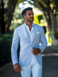 Men's Blazer Jacket Sport Coat Notch Collar Fashion Striped Blazer Sky Blue Standard Fit Single Breasted Two-buttons