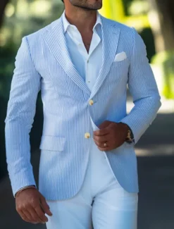 Men's Blazer Jacket Sport Coat Notch Collar Fashion Striped Blazer Sky Blue Standard Fit Single Breasted Two-buttons