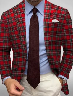 Men's Blazer Jacket Sport Coat Notch Collar Fashion Plaid Blazer Red Standard Fit Single Breasted One-button