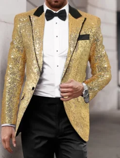 Men's Blazer Jacket Tuxedo Closure collar Luxury Sparkle Patchwork Solid Colored Blazer Black Silver Red Standard Fit Single Breasted One-button