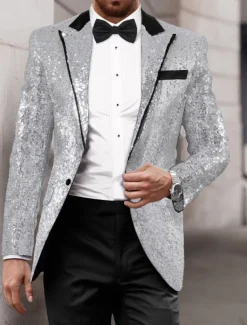 Men's Blazer Jacket Tuxedo Closure collar Luxury Sparkle Patchwork Solid Colored Blazer Black Silver Red Standard Fit Single Breasted One-button