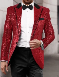Men's Blazer Jacket Tuxedo Closure collar Luxury Sparkle Patchwork Solid Colored Blazer Black Silver Red Standard Fit Single Breasted One-button