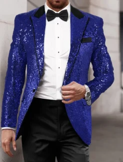 Men's Blazer Jacket Tuxedo Closure collar Luxury Sparkle Patchwork Solid Colored Blazer Black Silver Red Standard Fit Single Breasted One-button
