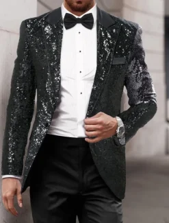Men's Blazer Jacket Tuxedo Closure collar Luxury Sparkle Patchwork Solid Colored Blazer Black Silver Red Standard Fit Single Breasted One-button