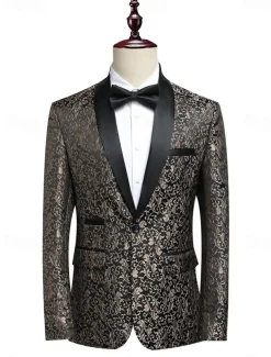 Men's Blazer Jacket Tuxedo Shawl Collar Party Luxury Jacquard Blazer Blue khaki Standard Fit Single Breasted One-button