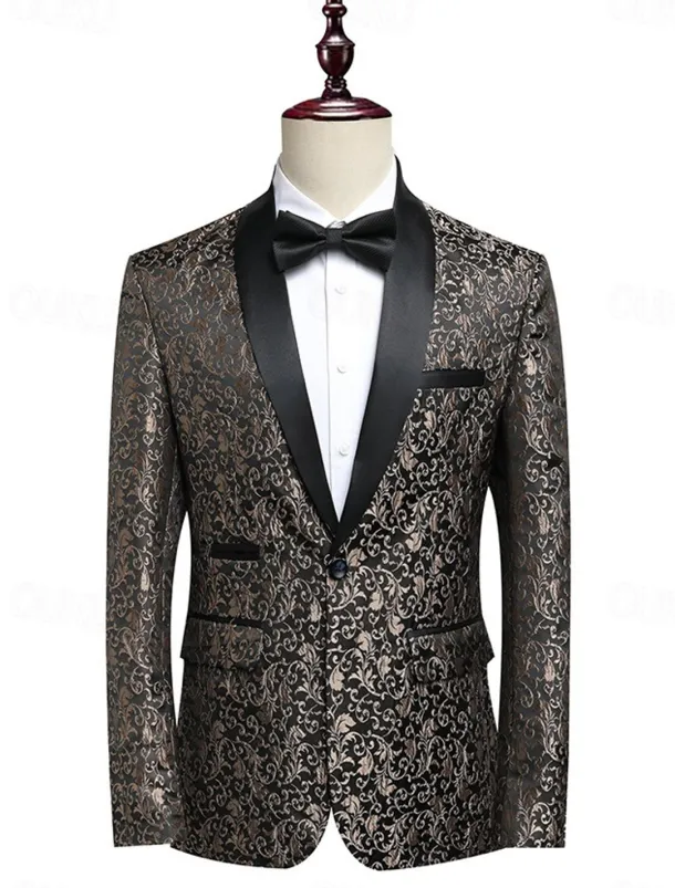 Men's Blazer Jacket Tuxedo Shawl Collar Party Luxury Jacquard Blazer Blue khaki Standard Fit Single Breasted One-button