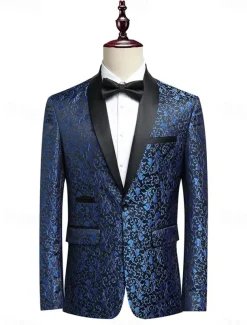 Men's Blazer Jacket Tuxedo Shawl Collar Party Luxury Jacquard Blazer Blue khaki Standard Fit Single Breasted One-button