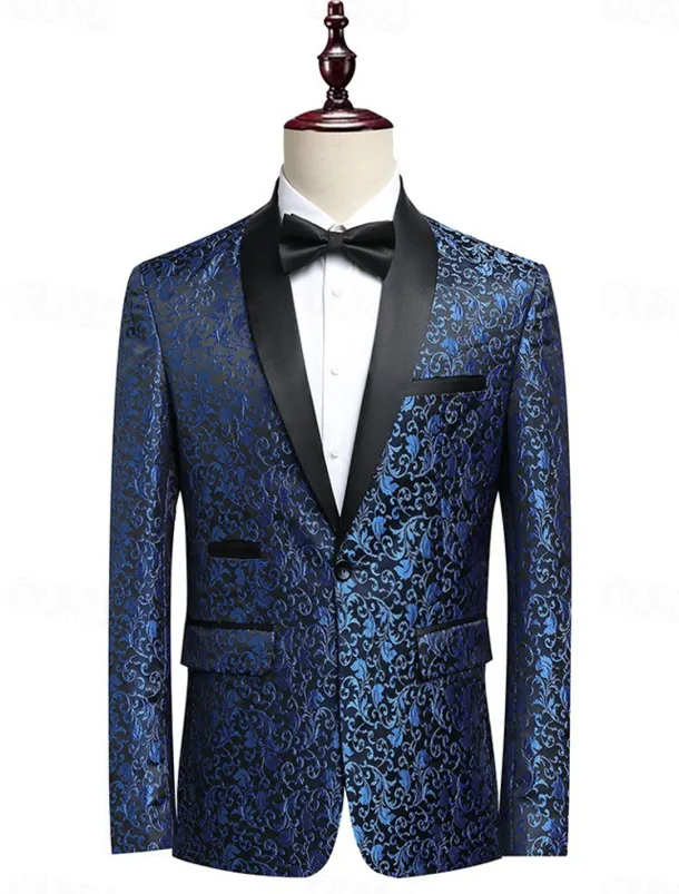 Men's Blazer Jacket Tuxedo Shawl Collar Party Luxury Jacquard Blazer Blue khaki Standard Fit Single Breasted One-button