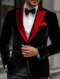 Men's Blazer Jacket Tuxedo Closure collar Christmas Party Casual Solid Colored Blazer Black Red Standard Fit Single Breasted One-button