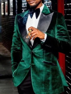 Men's Blazer Jacket Tuxedo Closure collar Fashion Casual Velvet Solid Colored Green Tailored Fit Single Breasted Two-buttons