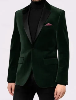 Men's Blazer Jacket Tuxedo Notch Collar Vintage Party Velvet Patchwork Solid Colored Blazer Burgundy Green Standard Fit