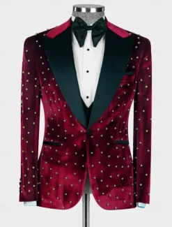 Men's Blazer Jacket Tuxedo Closure collar Casual Velvet Pattern Black Burgundy Blue Tailored Fit Single Breasted One-button