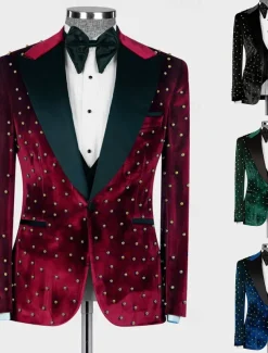 Men's Blazer Jacket Tuxedo Closure collar Casual Velvet Pattern Black Burgundy Blue Tailored Fit Single Breasted One-button