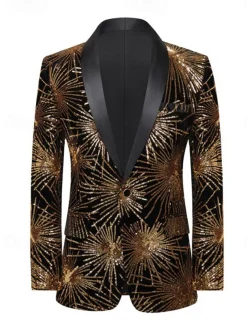 Men's Blazer Jacket Tuxedo Shawl Collar Party Sparkle Sequin Line Blazer Black Gold Tailored Fit