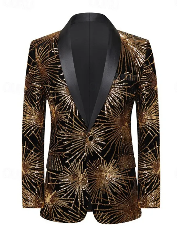 Men's Blazer Jacket Tuxedo Shawl Collar Party Sparkle Sequin Line Blazer Black Gold Tailored Fit