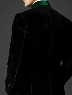 Men's Blazer Jacket Tuxedo Closure collar Christmas Vintage Party Patchwork Blazer Black / Green Standard Fit