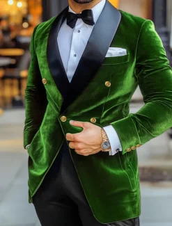 Men's Blazer Jacket Tuxedo Shawl Collar Vintage Party Velvet Patchwork Solid Colored Blazer Burgundy Navy Blue Green Standard Fit Double Breasted Four-buttons