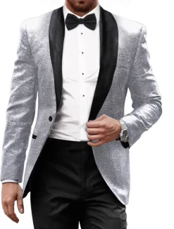 Men's Blazer Jacket Tuxedo Shawl Collar Party Sparkle Casual Pattern Black Silver Burgundy Tailored Fit Single Breasted One-button