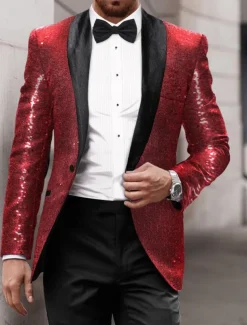Men's Blazer Jacket Tuxedo Shawl Collar Party Sparkle Casual Pattern Black Silver Burgundy Tailored Fit Single Breasted One-button