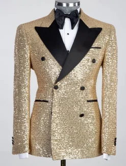 Men's Blazer Jacket Tuxedo Closure collar Party Sparkle Sequin Solid Colored Black Silver Champagne Tailored Fit Double Breasted Six-buttons