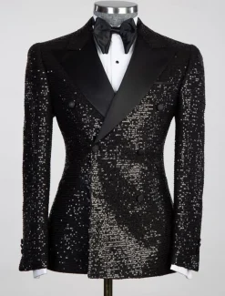 Men's Blazer Jacket Tuxedo Closure collar Party Sparkle Sequin Solid Colored Black Silver Champagne Tailored Fit Double Breasted Six-buttons