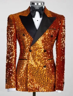 Men's Blazer Jacket Tuxedo Closure collar Party Sparkle Sequin Solid Colored Black Silver Champagne Tailored Fit Double Breasted Six-buttons