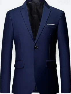 Men's Blazer Jacket Wedding Guest Casual Casual Daily Fashion Casual All Seasons Polyester Solid Colored Basic Single Breasted Blazer Navy Blue