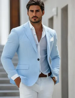 Men's Blazer Jacket Wedding Casual Daily Fashion Casual All Seasons Polyester Solid Colored Basic Single Breasted One-button Blazer Sky Blue