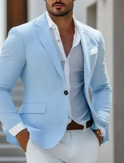 Men's Blazer Jacket Wedding Casual Daily Fashion Casual All Seasons Polyester Solid Colored Basic Single Breasted One-button Blazer Sky Blue