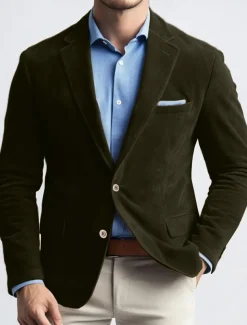 Men's Blazer Jacket Work Street Fashion Casual Fall / Winter Faux Suede Plain Pocket Buttons Comfortable Single Breasted Blazer Navy Blue Brown Green khaki