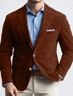 Men's Blazer Jacket Work Street Fashion Casual Fall / Winter Faux Suede Plain Pocket Buttons Comfortable Single Breasted Blazer Navy Blue Brown Green khaki