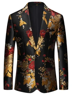 Men's Blazer Notch Collar Fashion Party Floral Black Standard Fit Single Breasted One-button