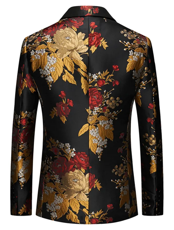 Men's Blazer Notch Collar Fashion Party Floral Black Standard Fit Single Breasted One-button